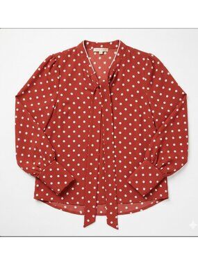 Haute Monde Polka Dot Tie-Neck Red Blouse With White Dots  Size M